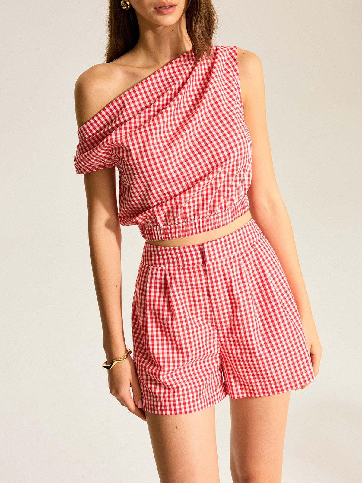 Gingham One-Shoulder Top and Shorts Set-Chicvia