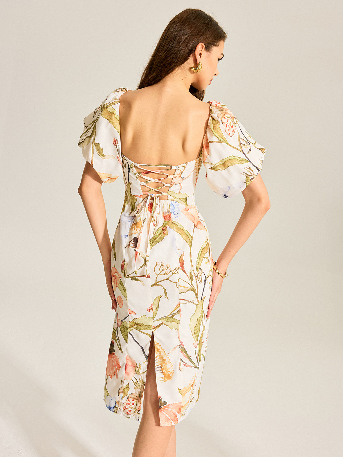 Floral Puff Sleeve Backless Dress-Chicvia