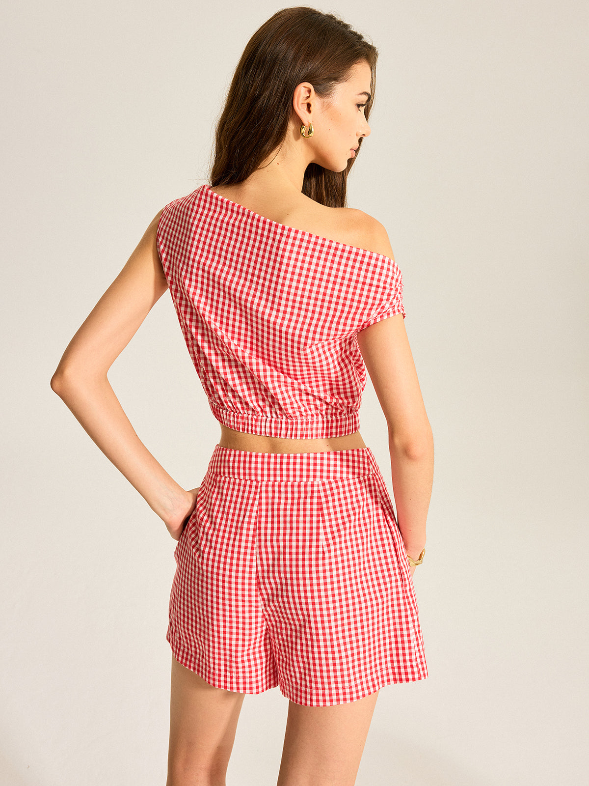 Gingham One-Shoulder Top and Shorts Set-Chicvia