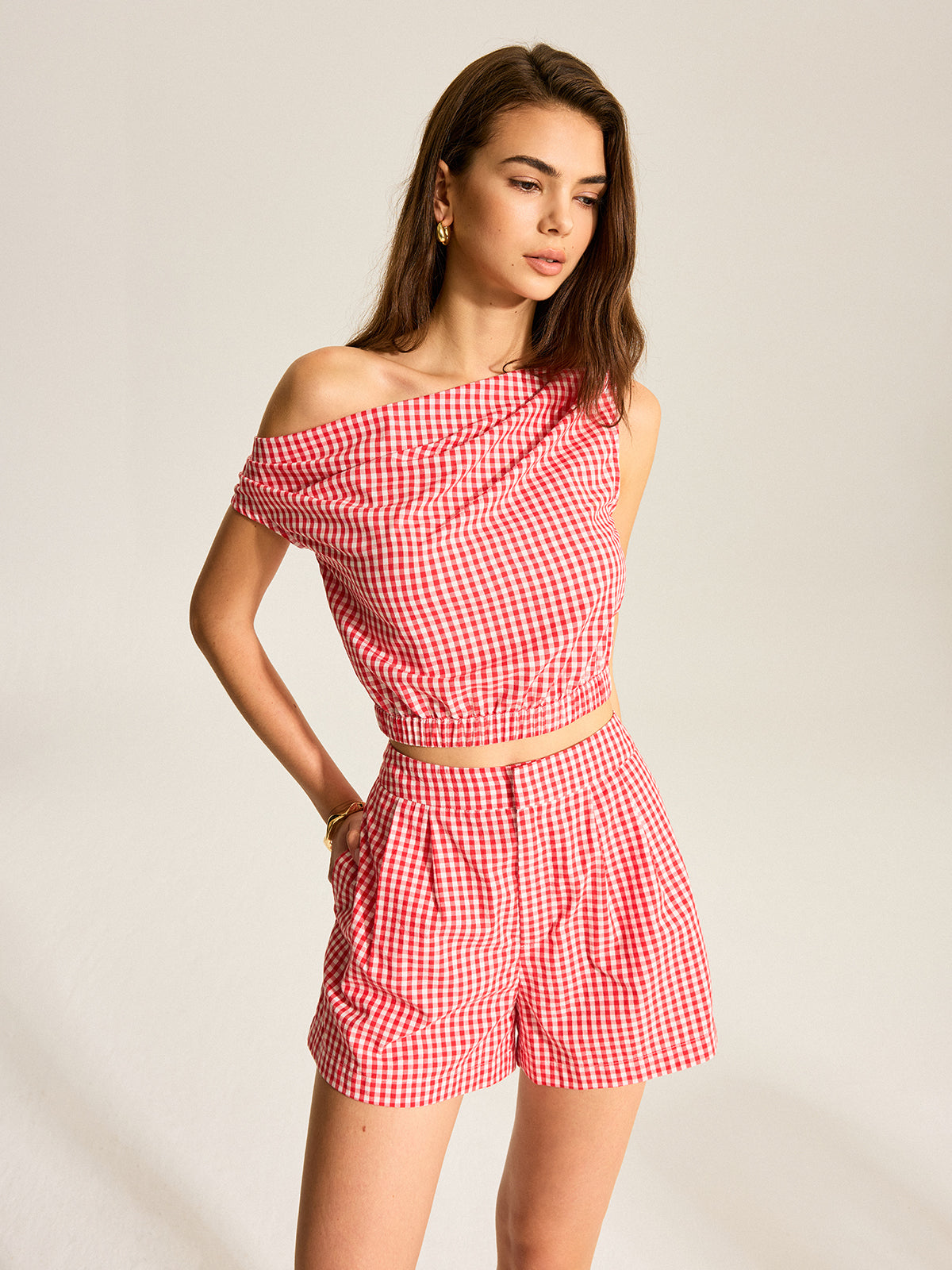 Gingham One-Shoulder Top and Shorts Set-Chicvia