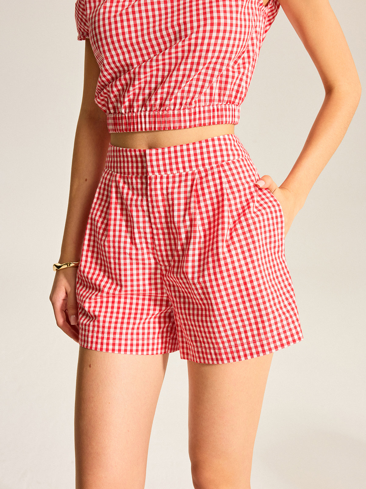 Gingham One-Shoulder Top and Shorts Set-Chicvia