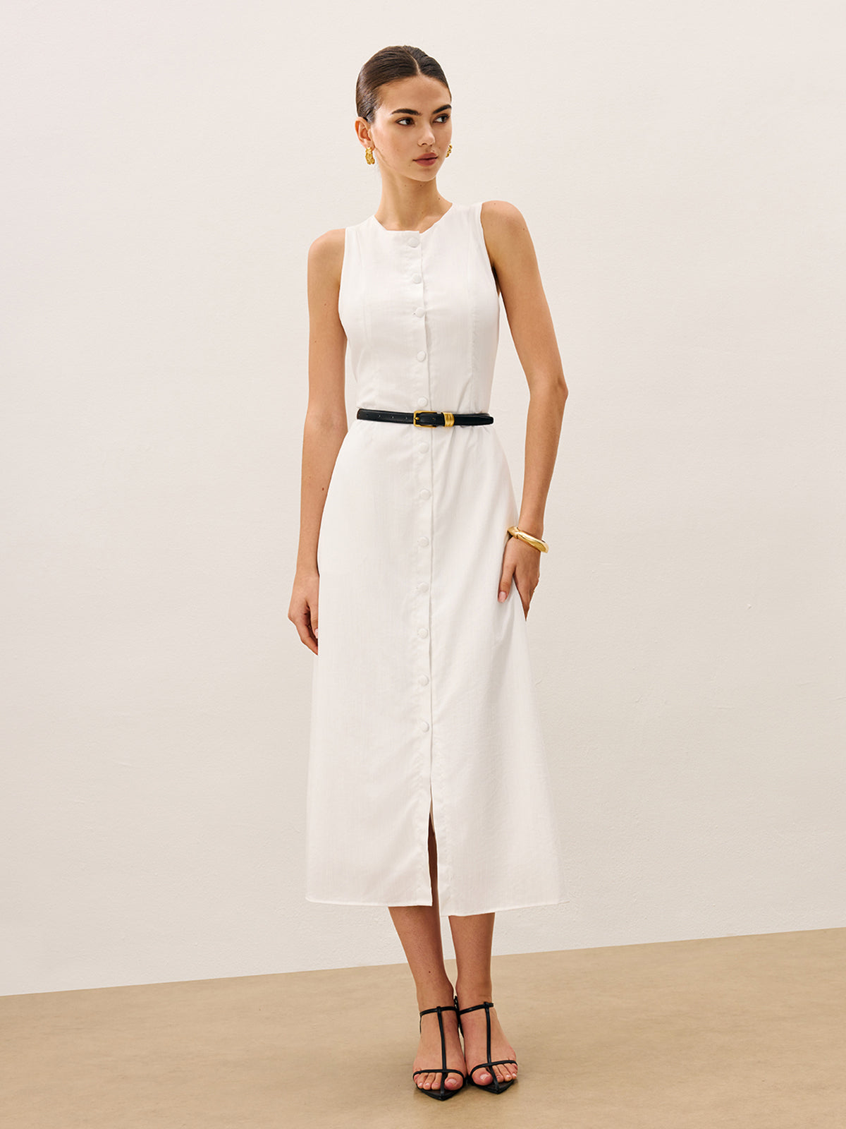 Cotton & Linen Button-Front Sleeveless Dress Without Belt-Chicvia