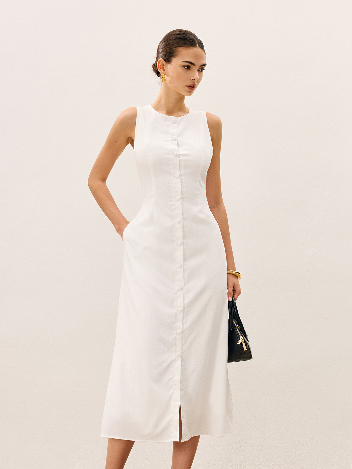 Cotton & Linen Button-Front Sleeveless Dress Without Belt-Chicvia