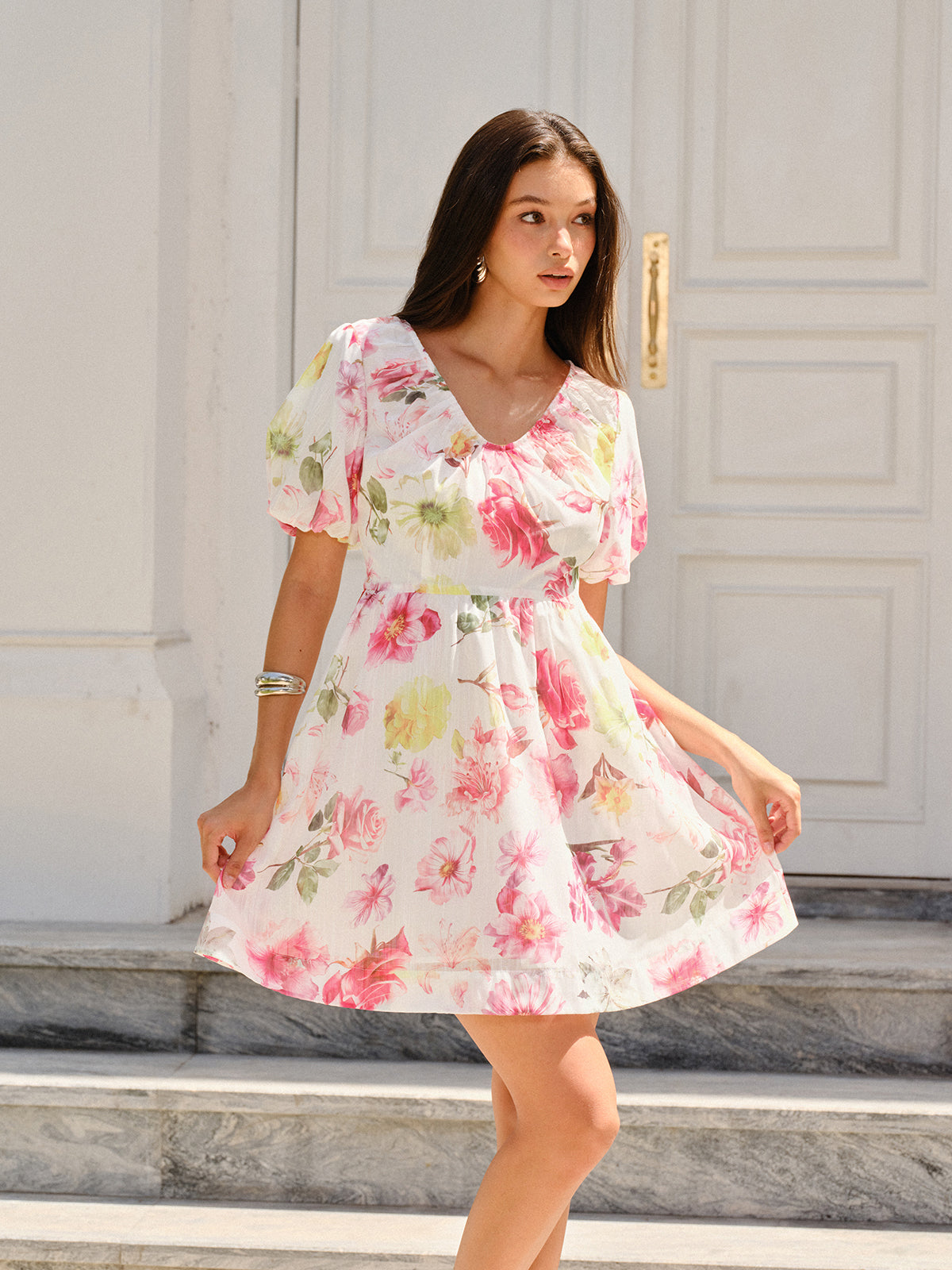 Floral Print Puff Sleeve Dress-Chicvia