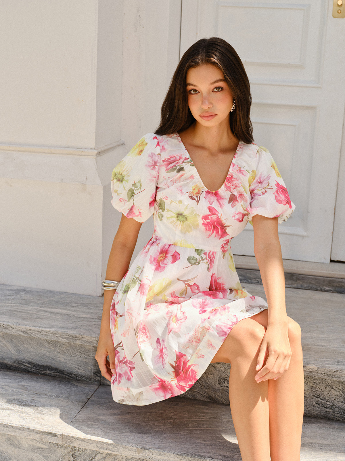 Floral Print Puff Sleeve Dress-Chicvia