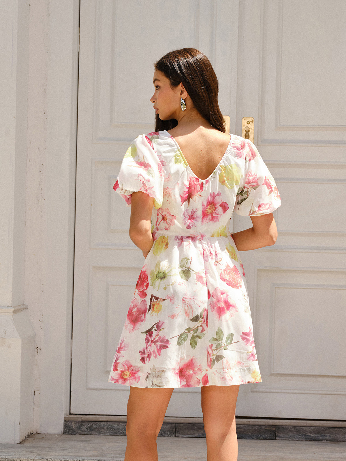 Floral Print Puff Sleeve Dress-Chicvia