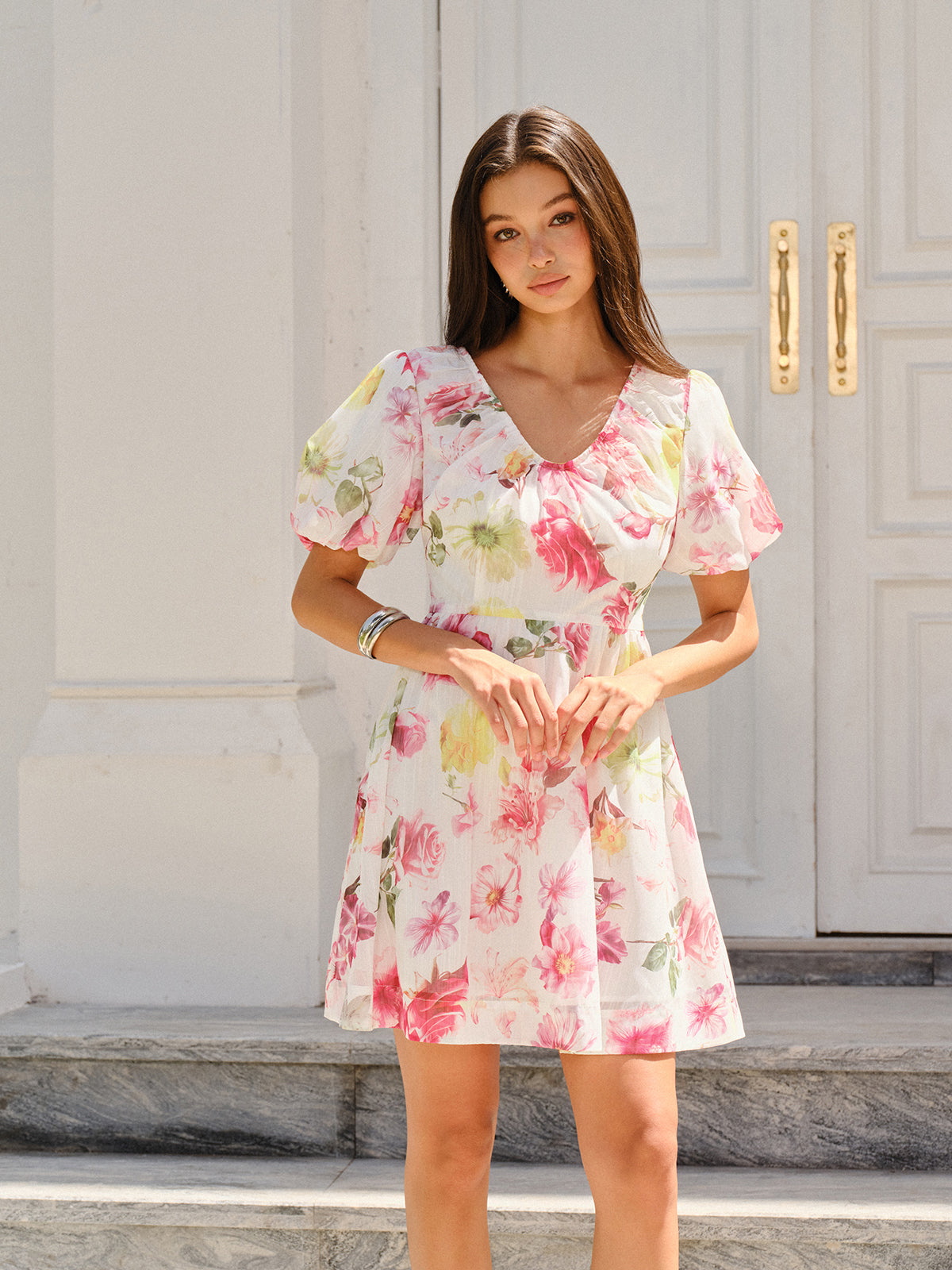 Floral Print Puff Sleeve Dress-Chicvia