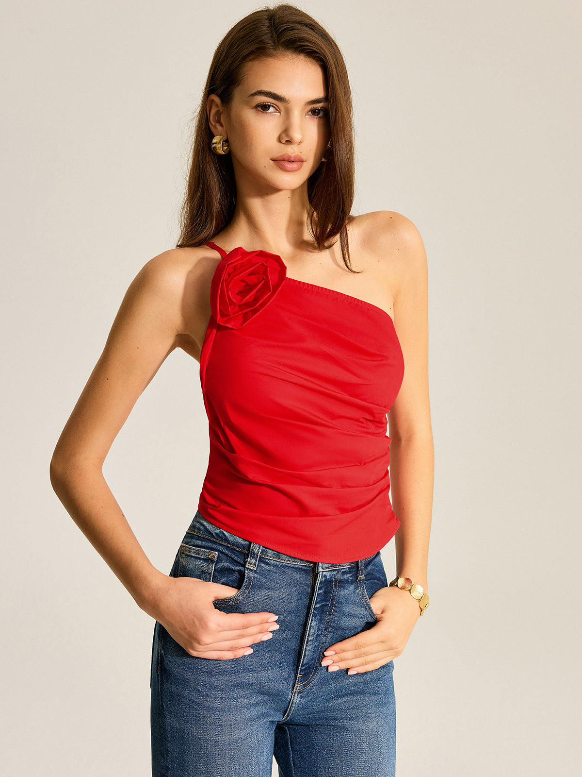 Floral One Shoulder Tank Top-Chicvia