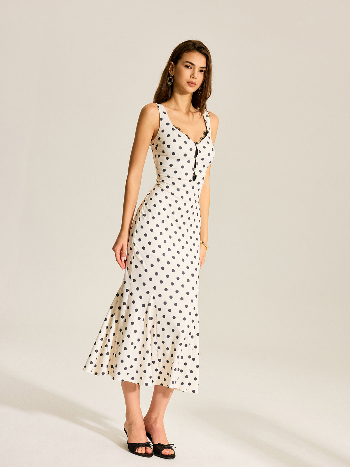 Polka Dot Two-Piece Maxi Dress with Lace Camisole-Chicvia