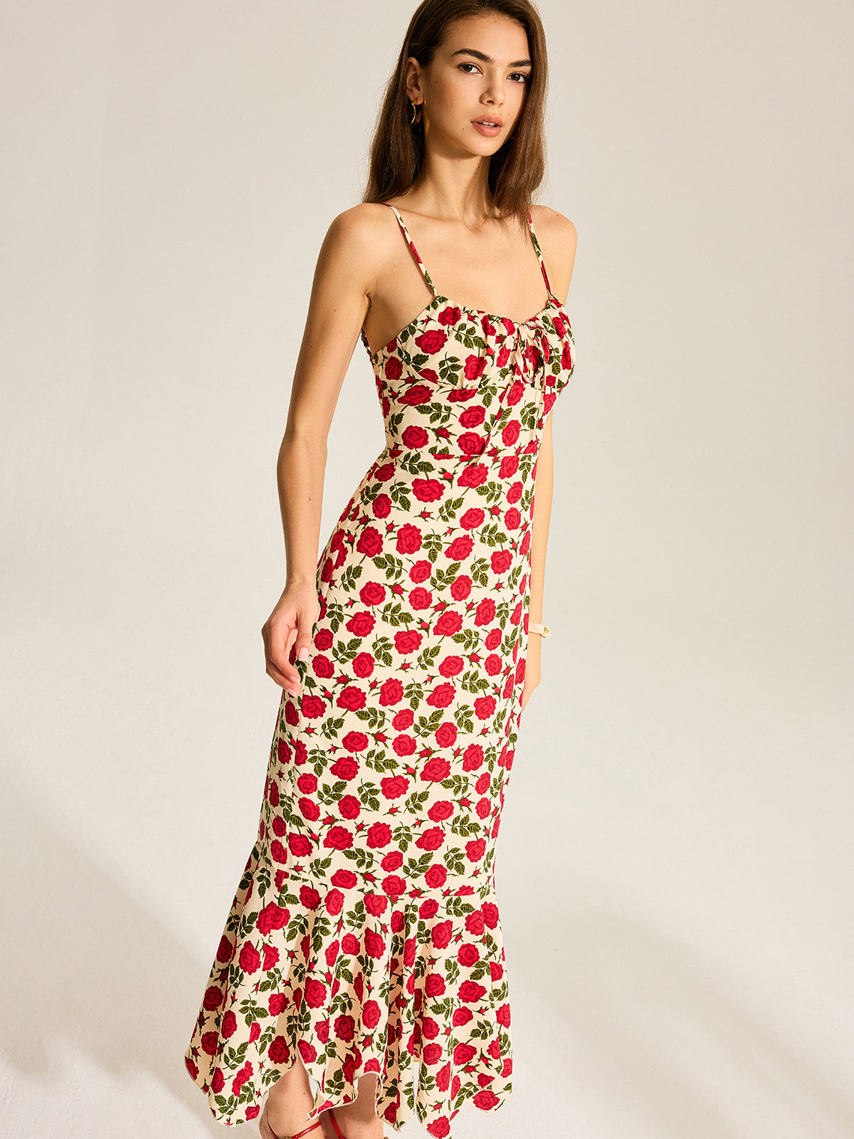 Floral Print Ruffle Hem Maxi Dress-Chicvia