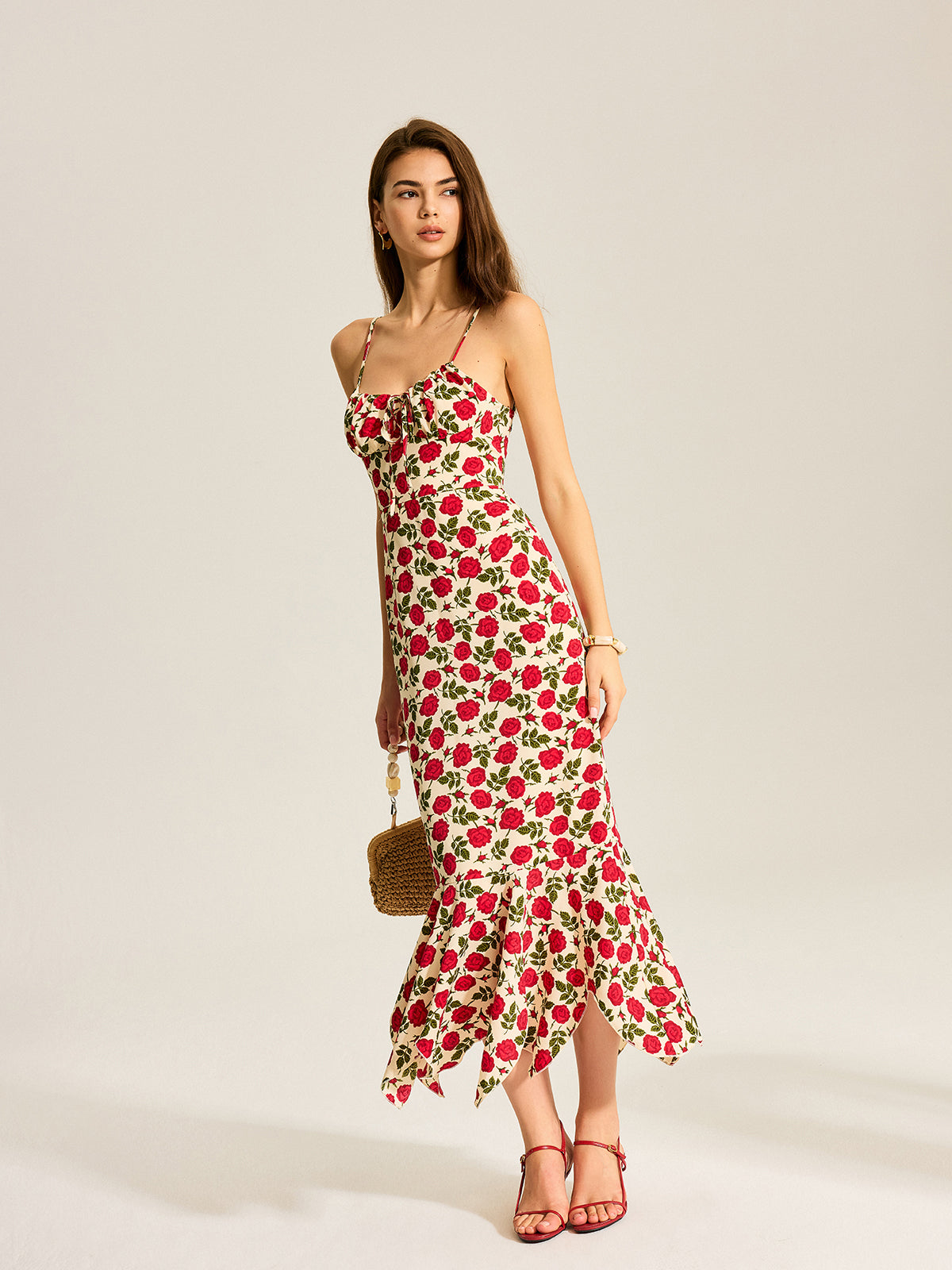 Floral Print Ruffle Hem Maxi Dress-Chicvia