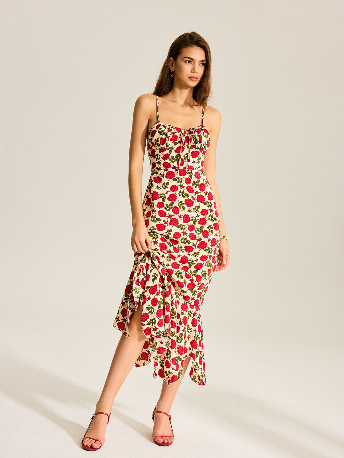 Floral Print Ruffle Hem Maxi Dress-Chicvia