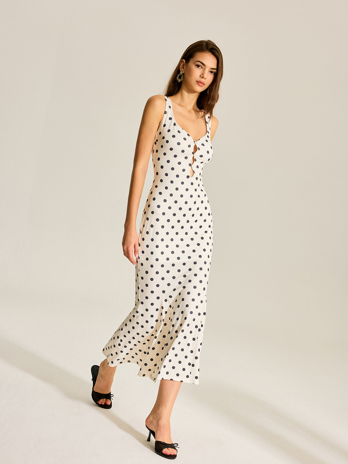 Polka Dot Two-Piece Maxi Dress with Lace Camisole-Chicvia