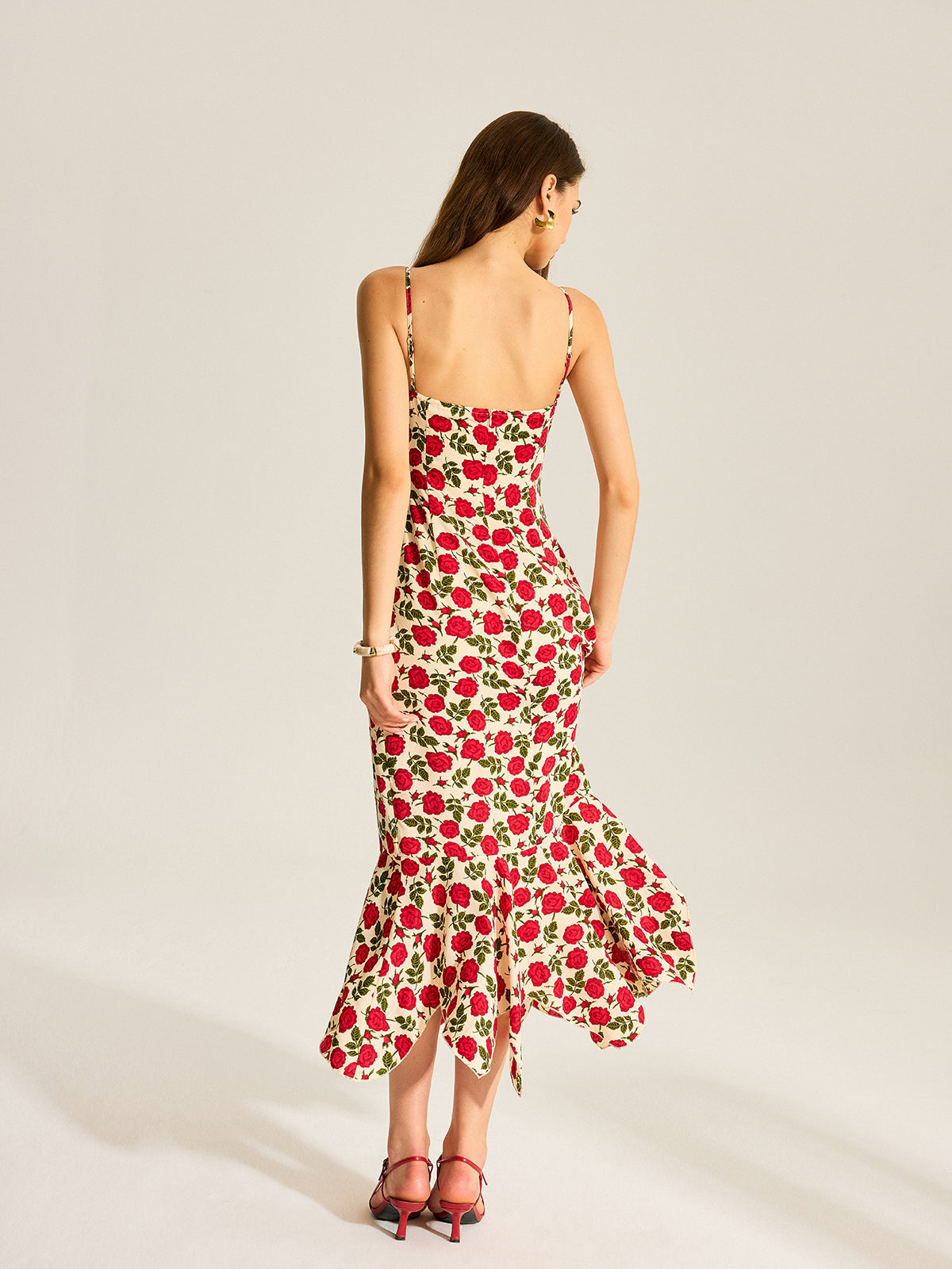 Floral Print Ruffle Hem Maxi Dress-Chicvia