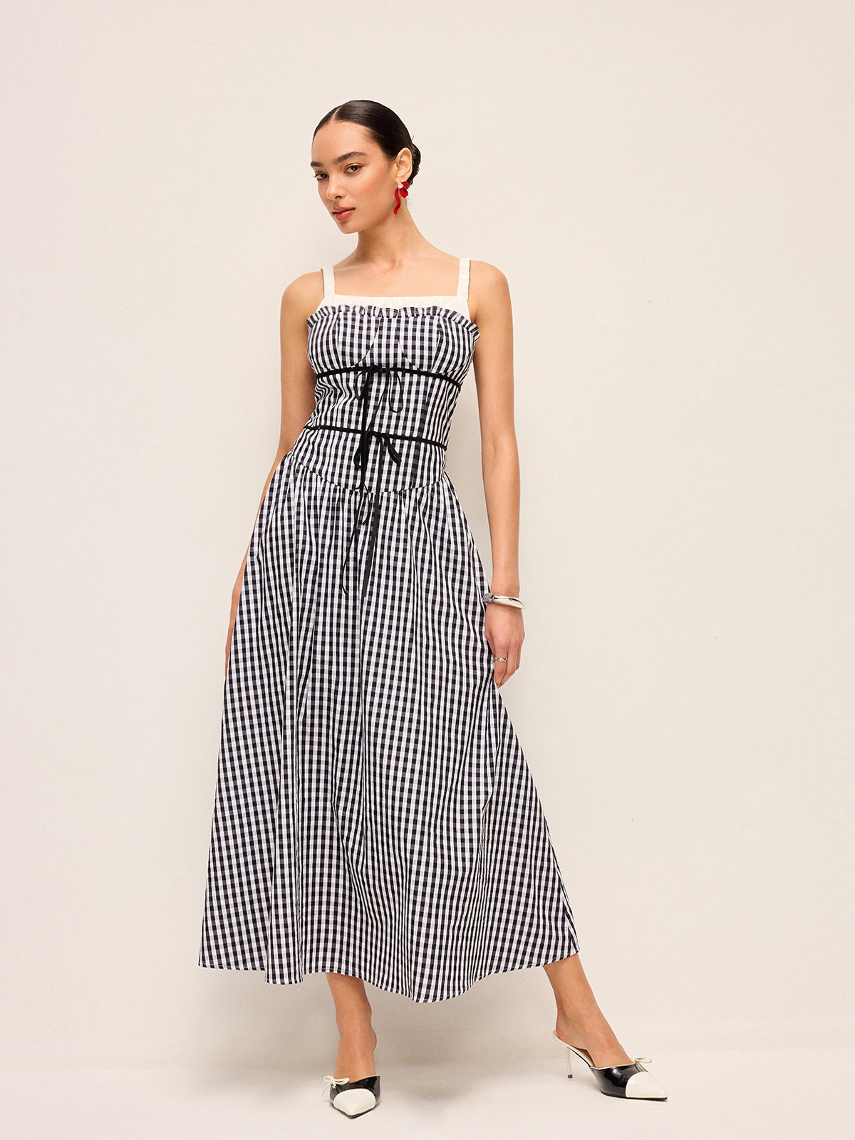 Gingham Corset-Style Midi Dress-Chicvia