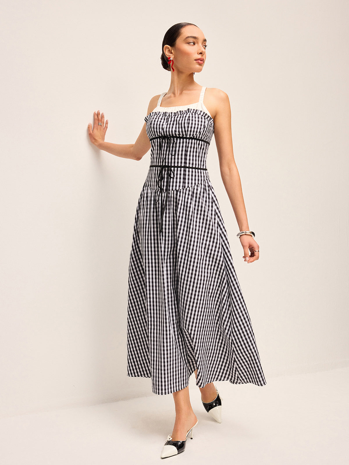 Gingham Corset-Style Midi Dress-Chicvia