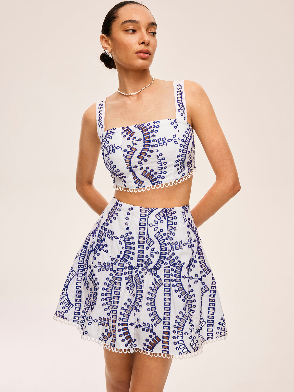 Embroidered Lace Trim Skirt Set-Chicvia