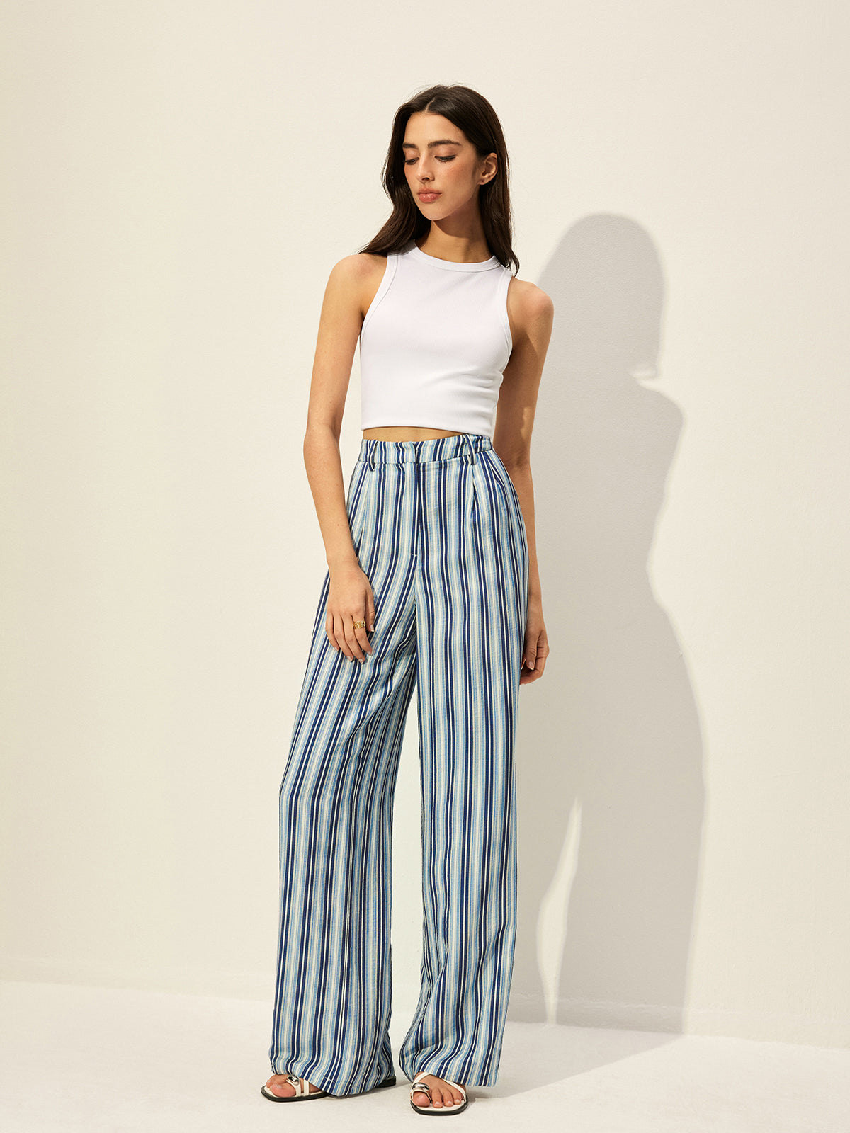 Cotton Blend High-Waist Striped Pants-Chicvia