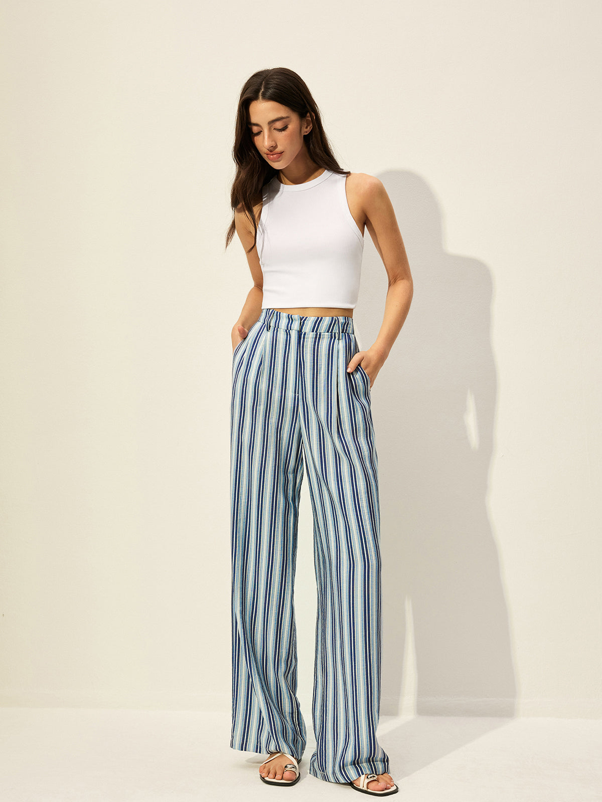 Cotton Blend High-Waist Striped Pants-Chicvia