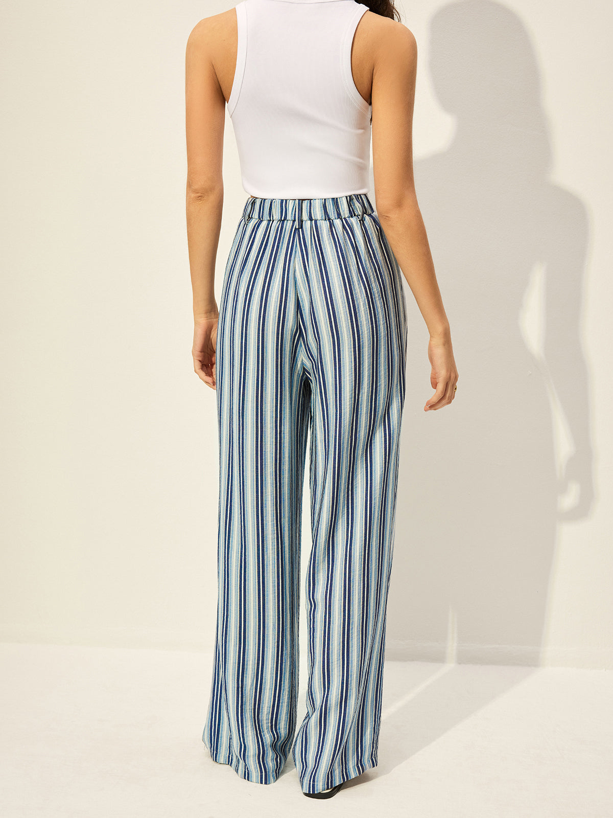 Cotton Blend High-Waist Striped Pants-Chicvia