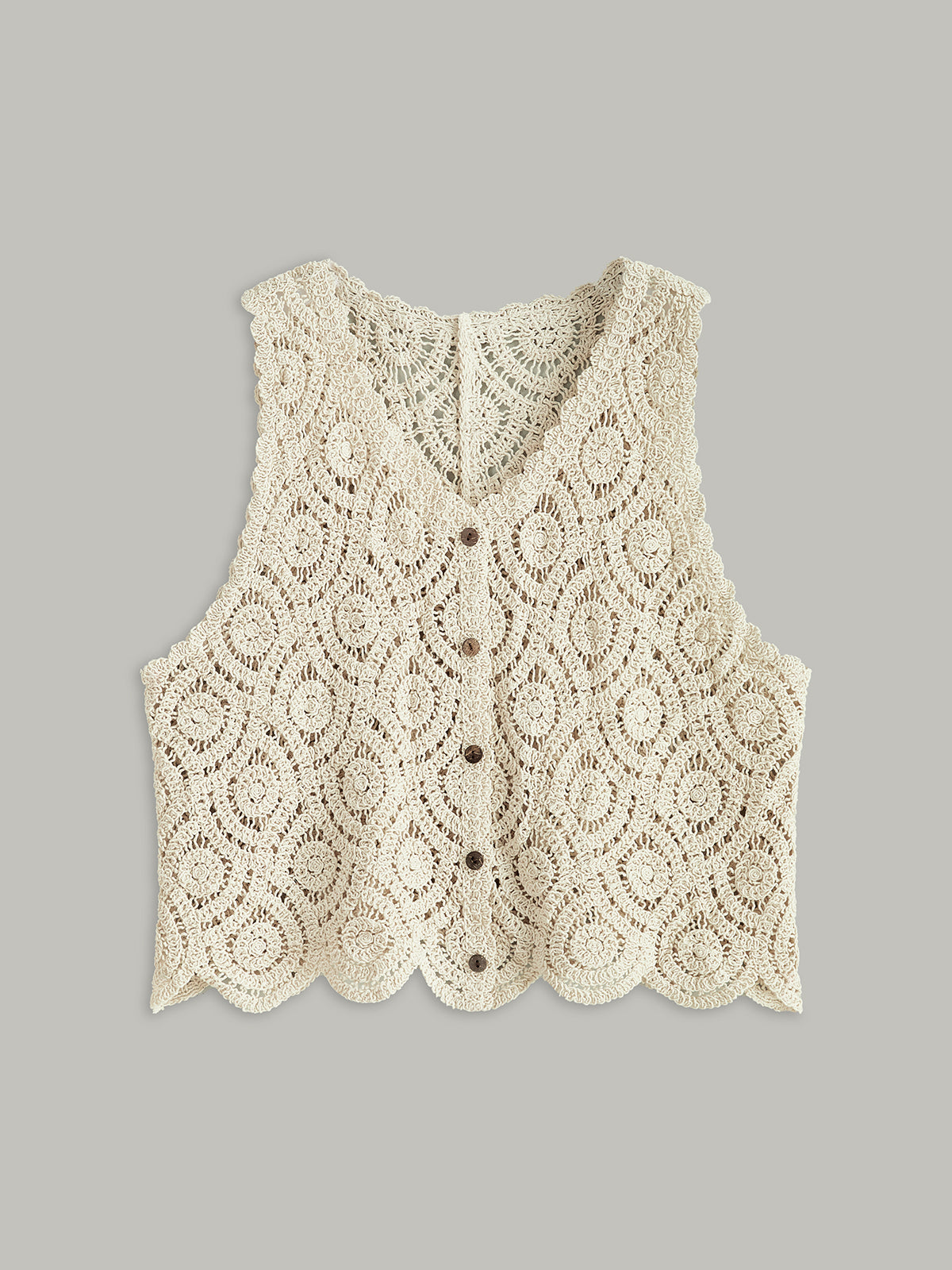 Crochet Button-Up Vest-Chicvia
