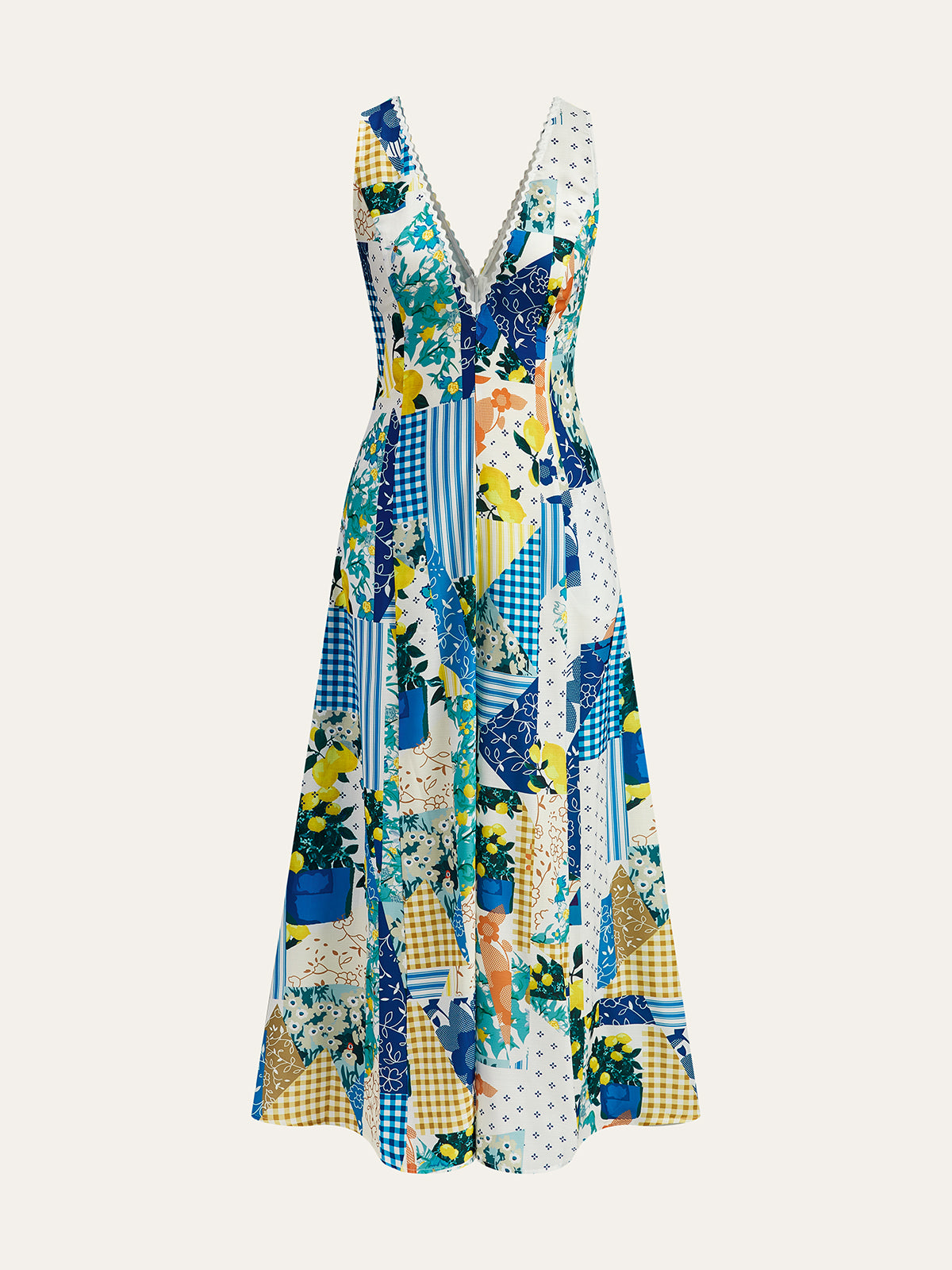 Lemonade Print Lace Trim Long Dress-Chicvia