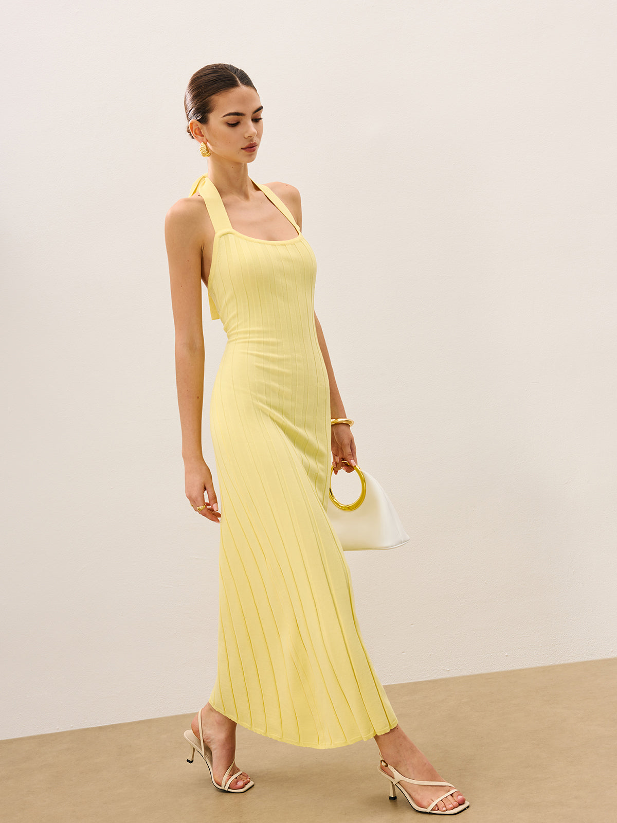 Halter Neck Ribbed Knit Dress-Chicvia