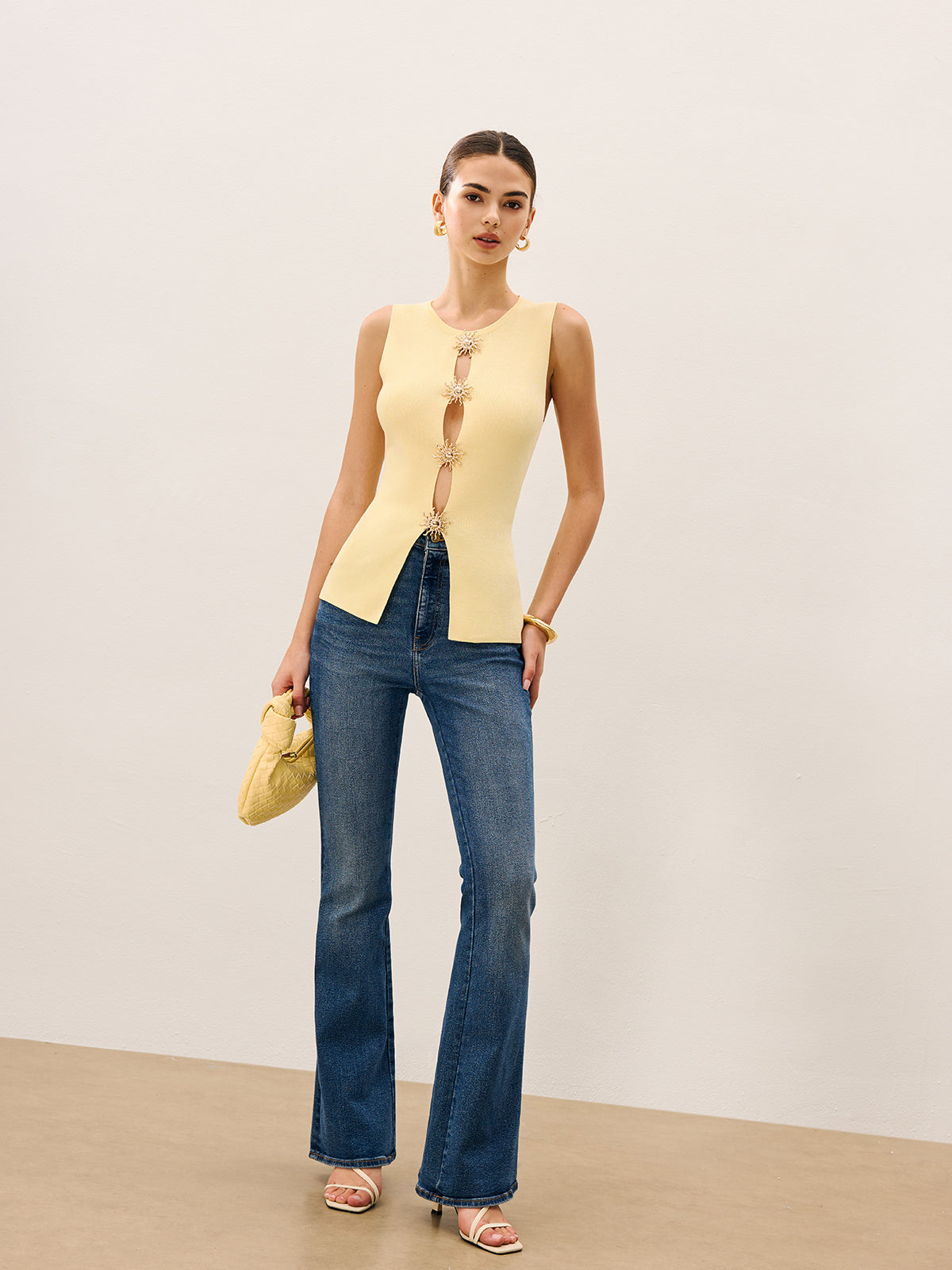 Embellished Cut-Out Front Tank Top-Chicvia