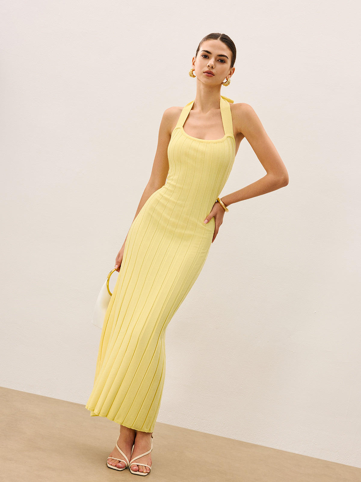 Halter Neck Ribbed Knit Dress-Chicvia