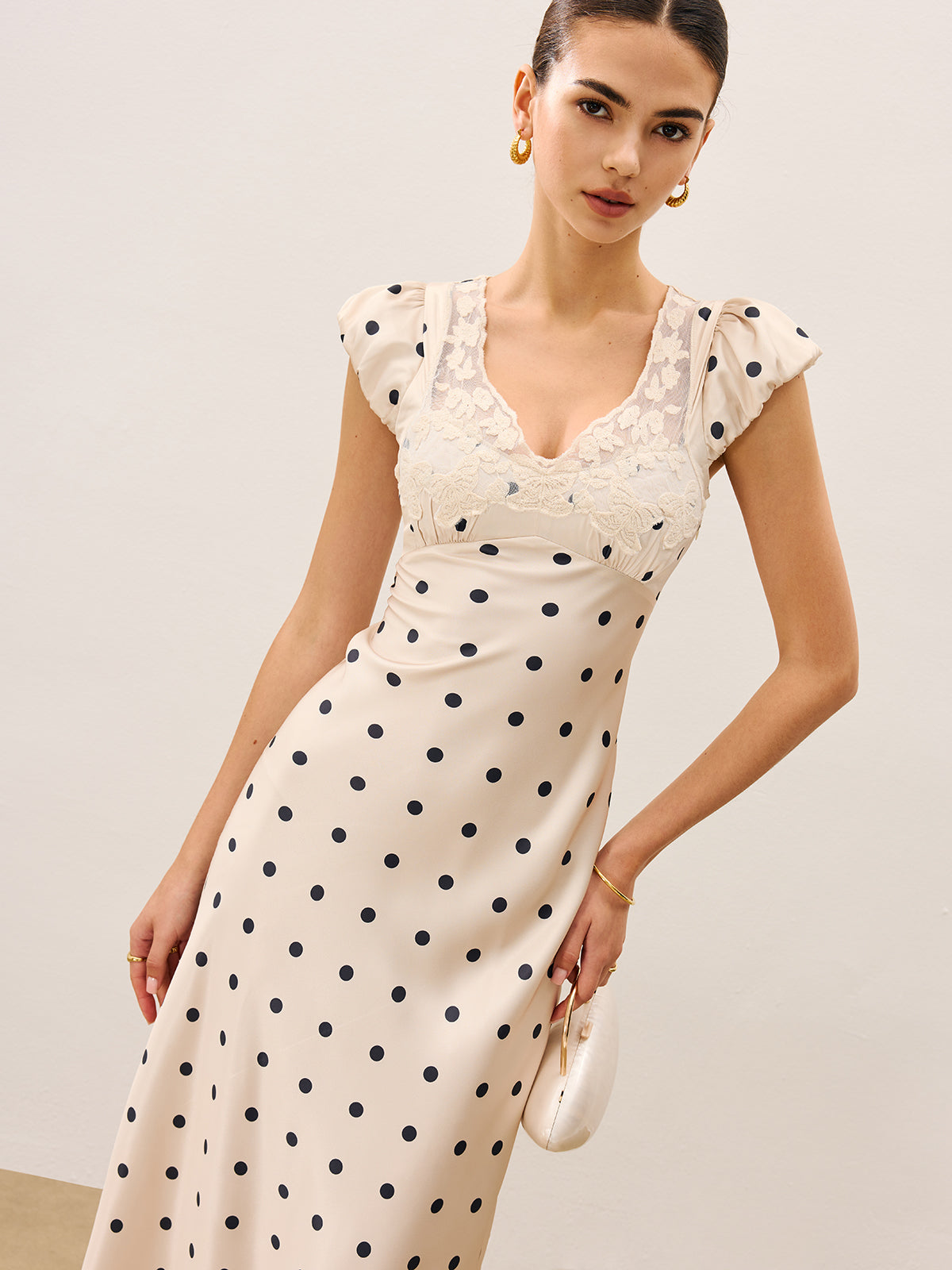 Lace Trim Polka Dot Dress-Chicvia