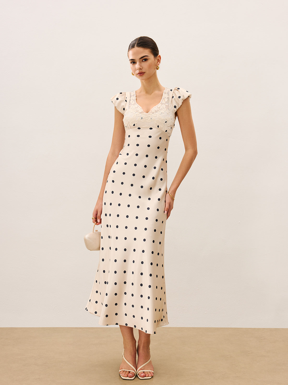 Lace Trim Polka Dot Dress-Chicvia