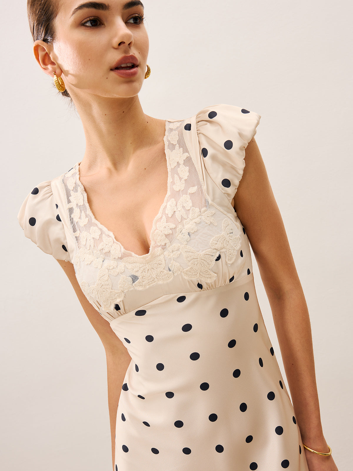 Lace Trim Polka Dot Dress-Chicvia