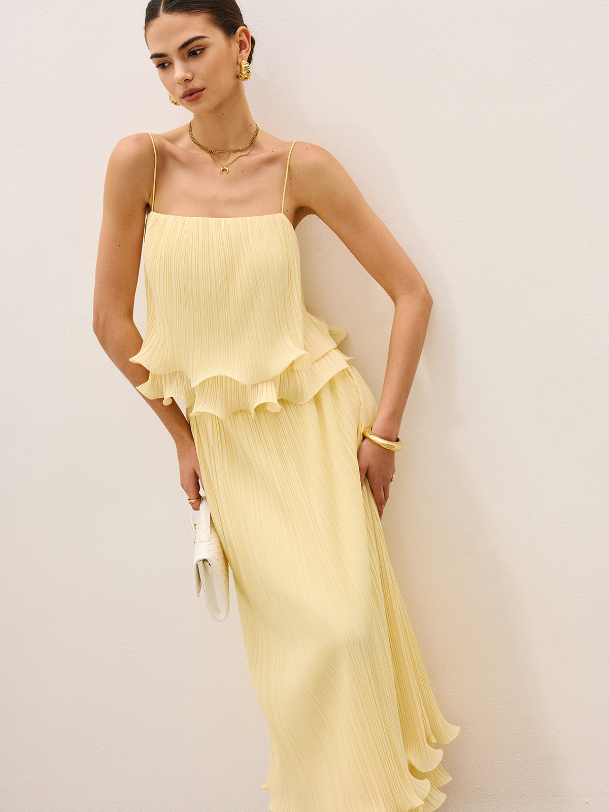 Pleated Layered Ruffle Skirt Set-Chicvia