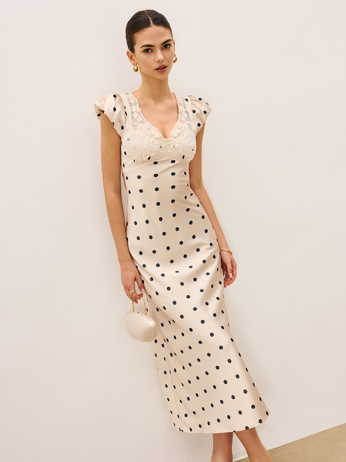Lace Trim Polka Dot Dress-Chicvia
