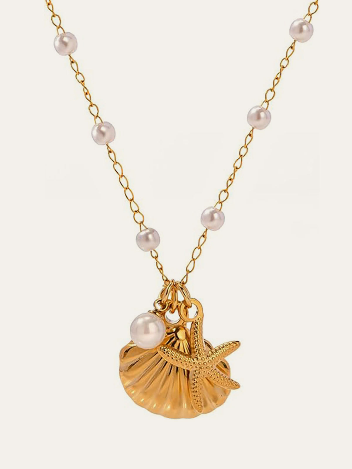 Golden Shell & Starfish Necklace With Pearls-Chicvia