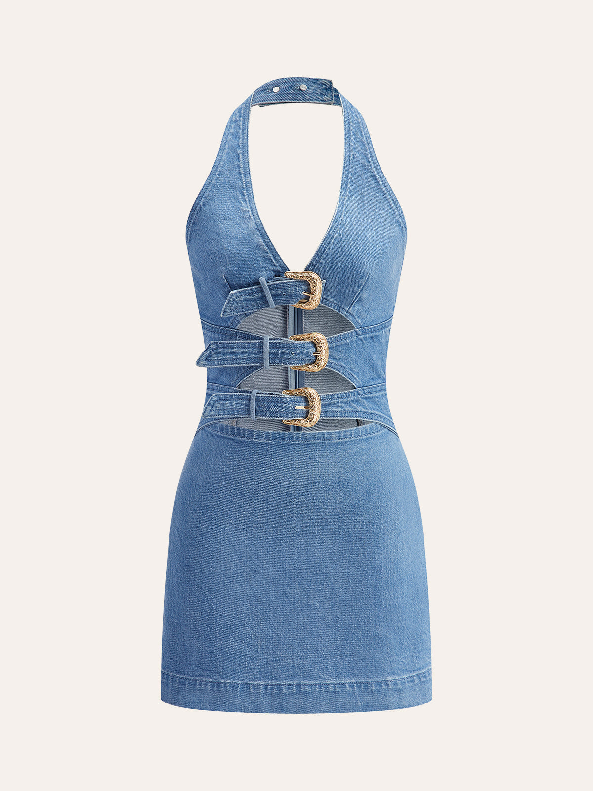 Halter Neck Buckle Detail Denim Dress-Chicvia