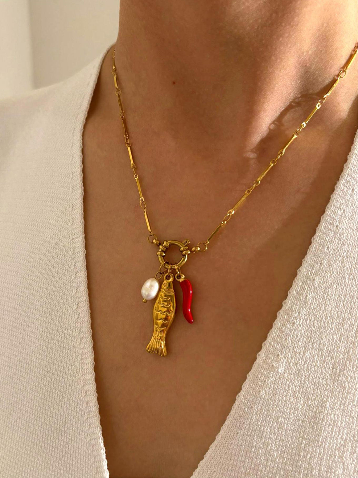 Fish & Chili Pendant Link Chain Necklace-Chicvia