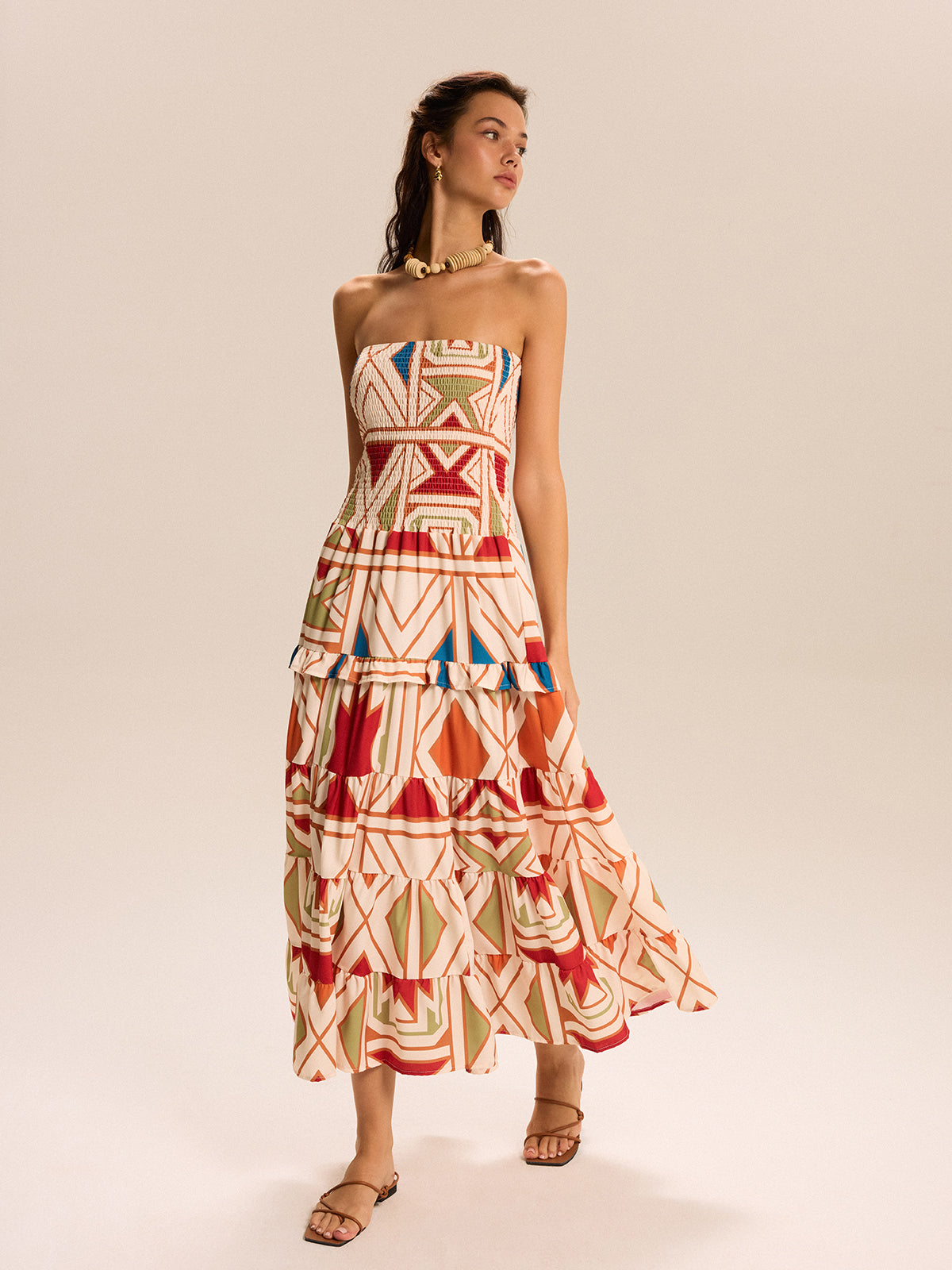 Color-Block Strapless Tiered Maxi Dress-Chicvia