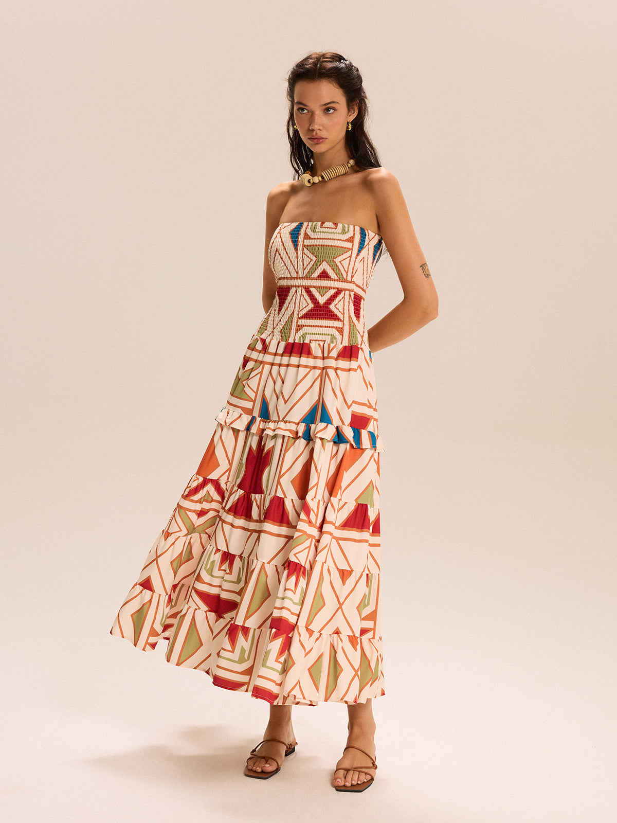 Color-Block Strapless Tiered Maxi Dress-Chicvia