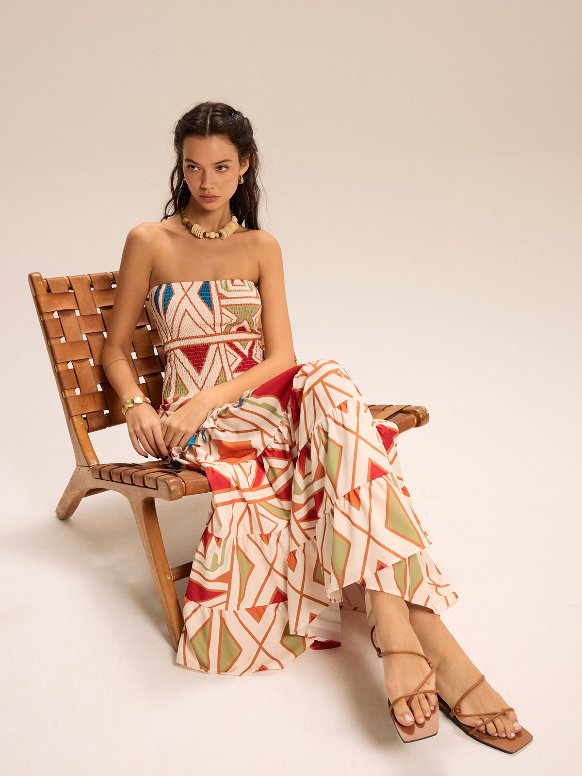 Color-Block Strapless Tiered Maxi Dress-Chicvia