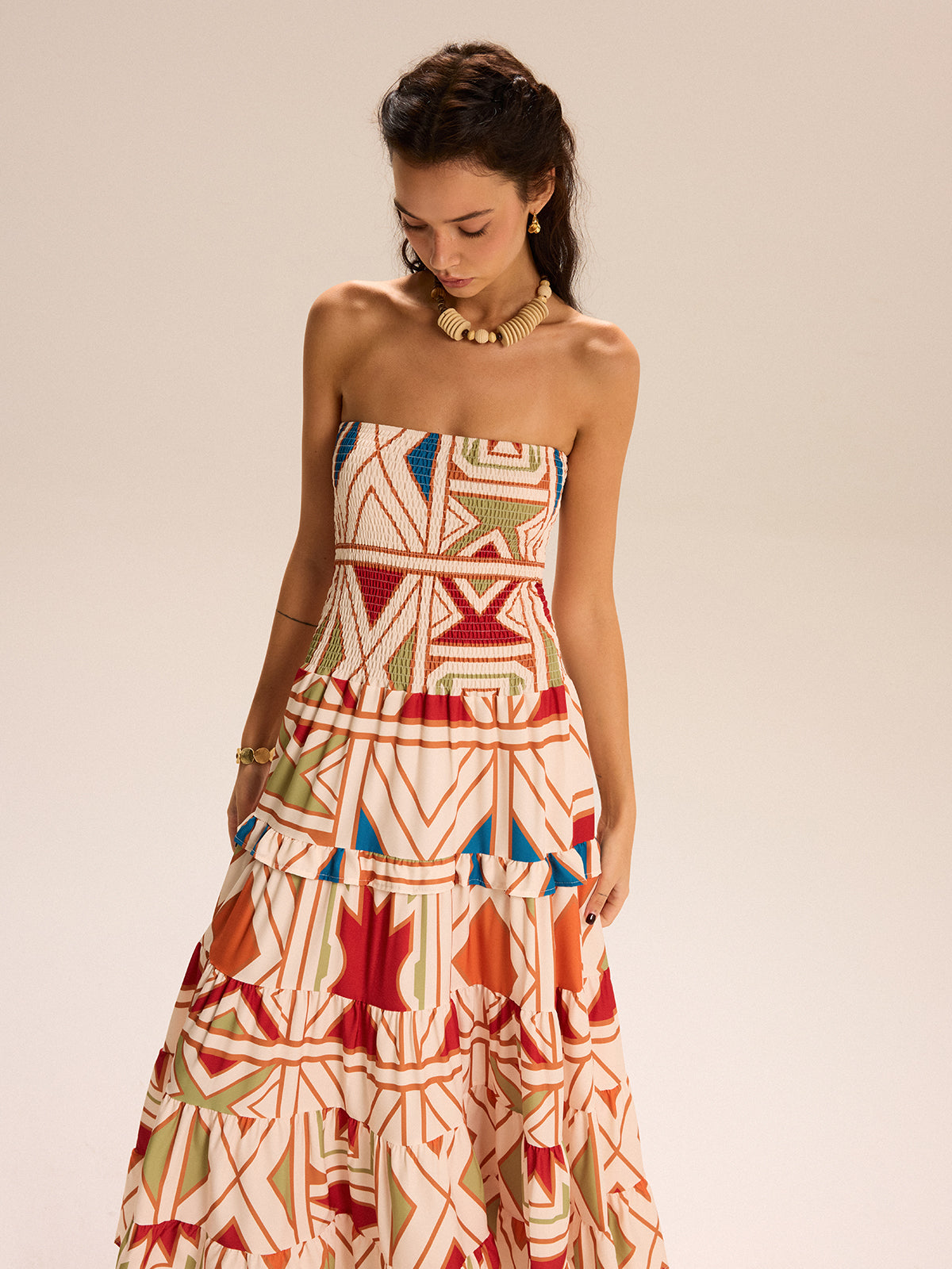 Color-Block Strapless Tiered Maxi Dress-Chicvia