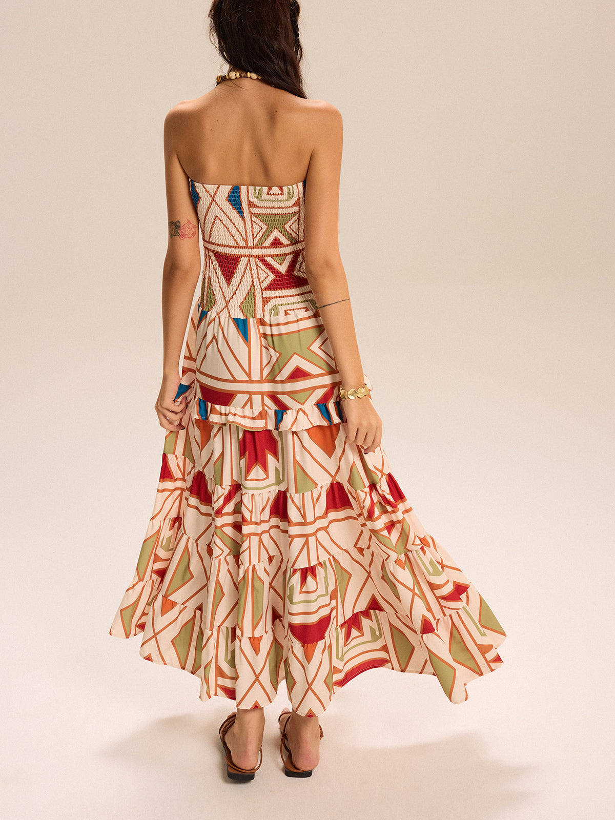 Color-Block Strapless Tiered Maxi Dress-Chicvia