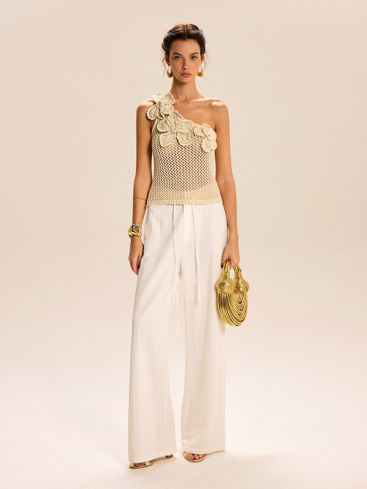 One-Shoulder Floral Crochet Knit Top-Chicvia