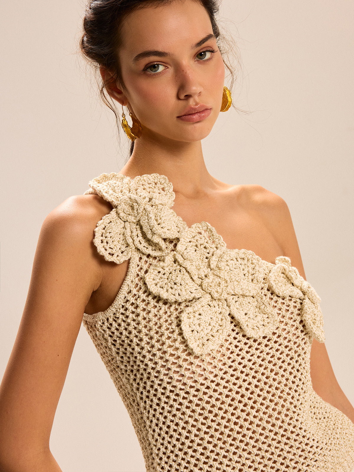 One-Shoulder Floral Crochet Knit Top-Chicvia