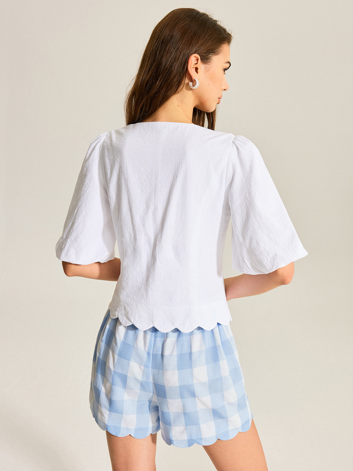 Cotton & Linen Scallop Trim Puff Sleeve Top-Chicvia