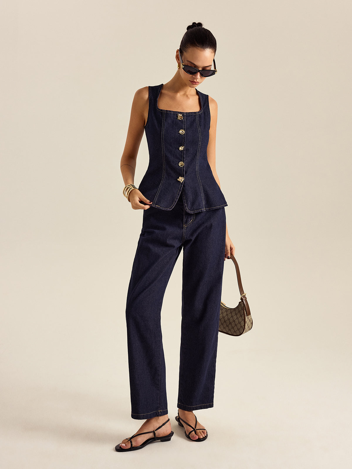 Denim Metal Button Peplum Top and Pants Set-Chicvia