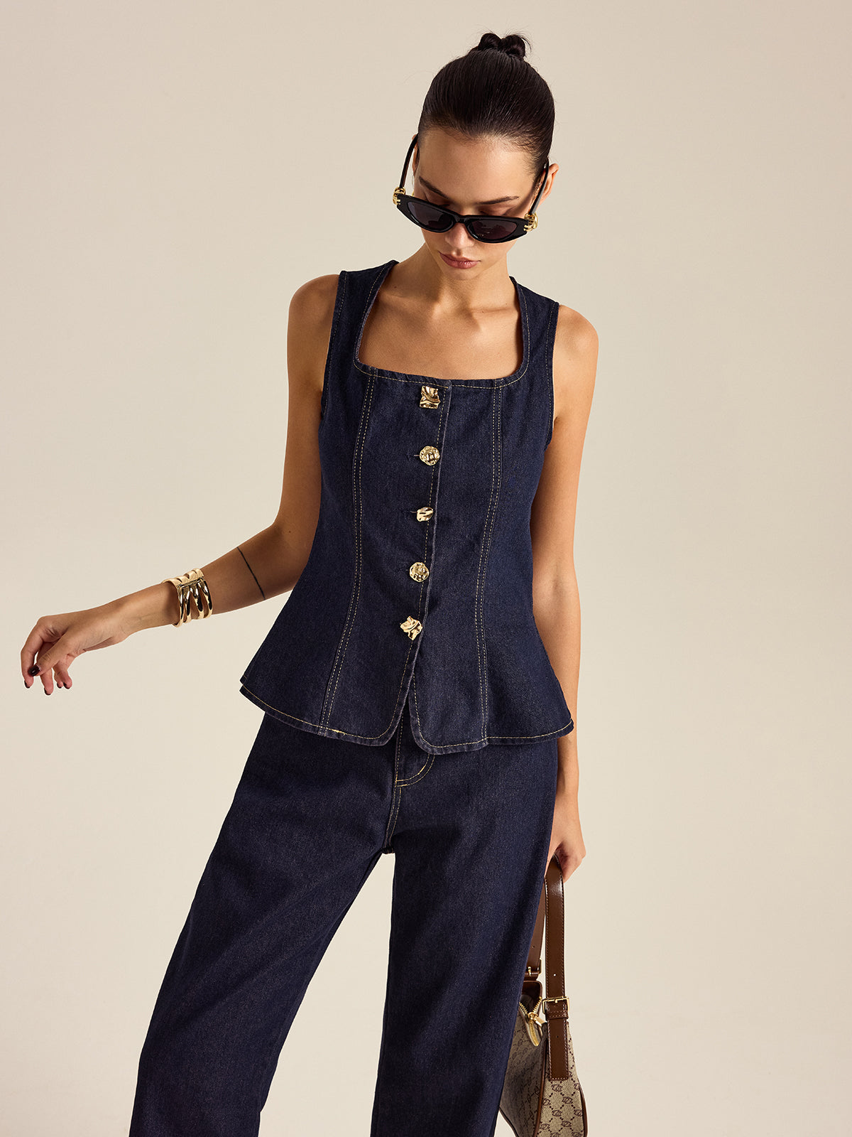 Denim Metal Button Peplum Top and Pants Set-Chicvia