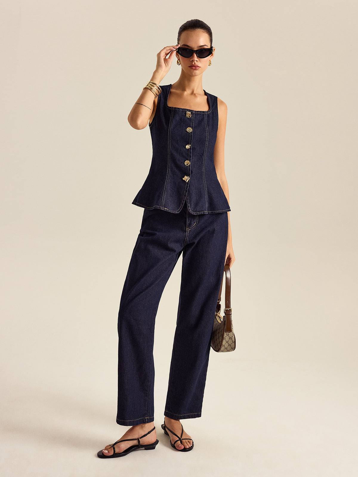 Denim Metal Button Peplum Top and Pants Set-Chicvia