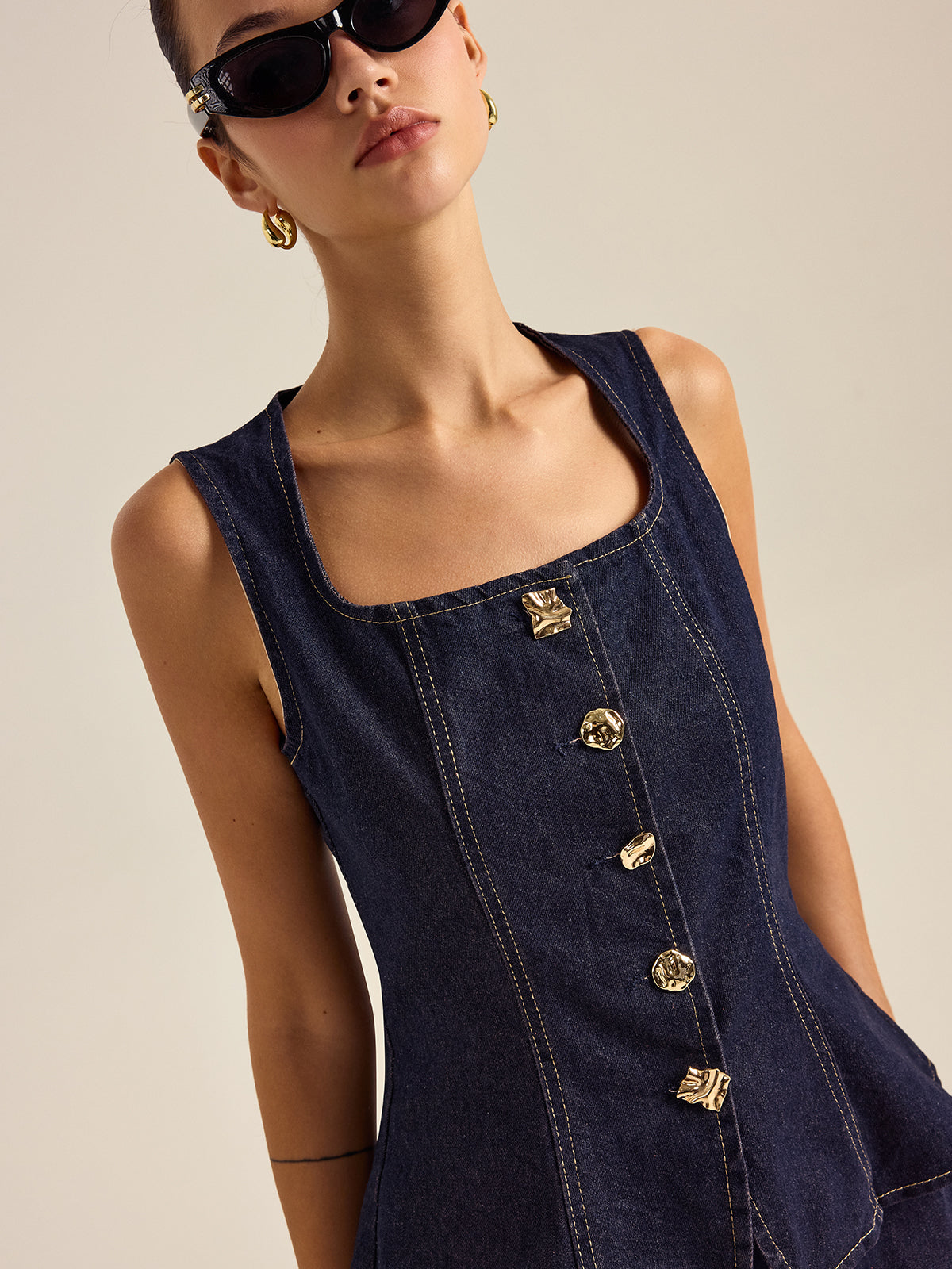 Denim Metal Button Peplum Top and Pants Set-Chicvia