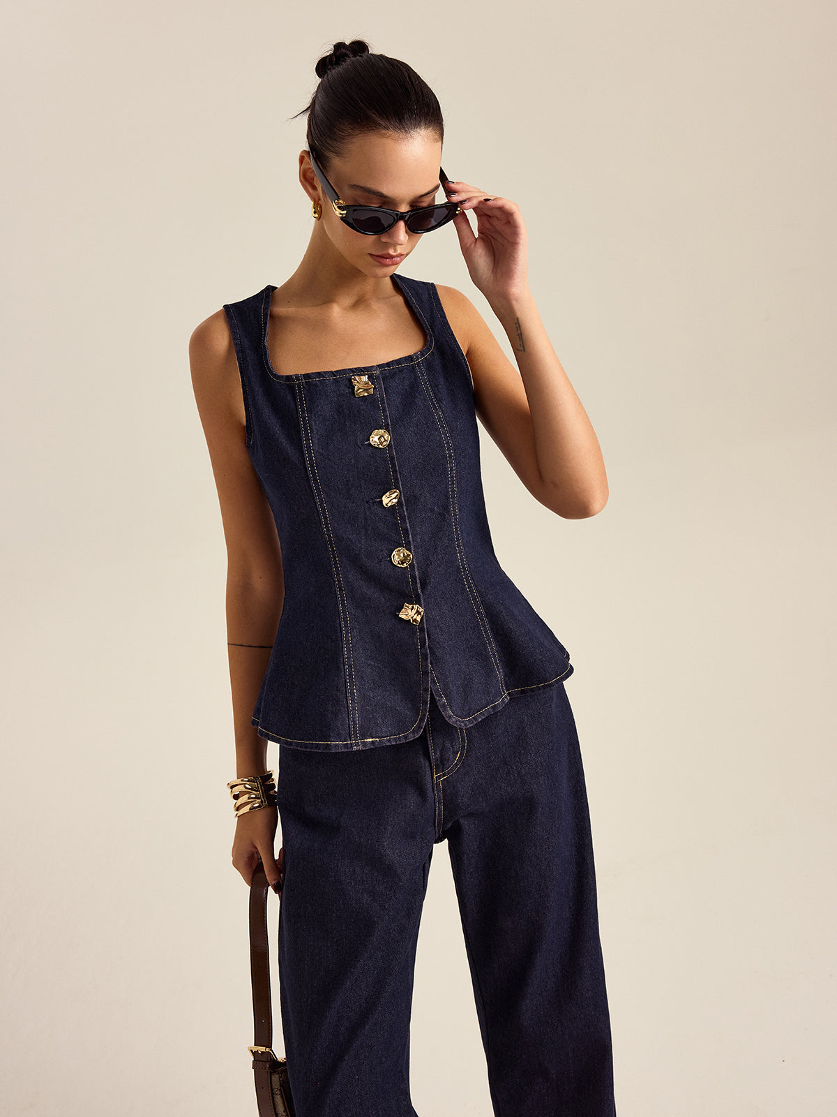 Denim Metal Button Peplum Top and Pants Set-Chicvia